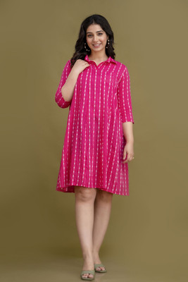 Demirner Women Gathered Pink Knee Length Dress