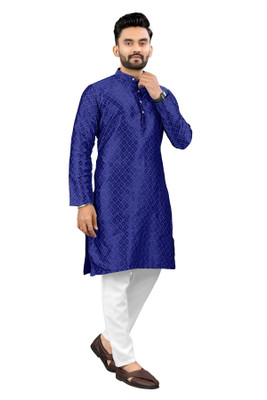 kanha creation Men Self Design Straight Kurta(Blue)