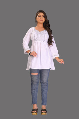 plus5 Women Embroidered Cape Top Kurta(White)