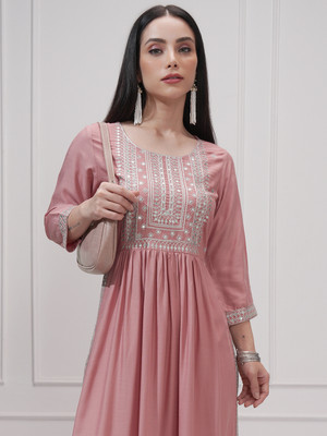 Vishudh Women Embroidered A-line Kurta(Pink)