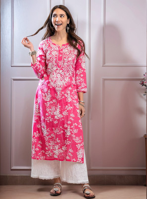 Gosriki Women Embroidered A-line Kurta(Pink)
