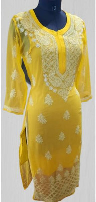 KKHANSHENTP Women Chikan Embroidery Ethnic Dress Kurta(Yellow)