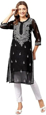 The Sufistore Women Chikan Embroidery A-line Kurta(Black)