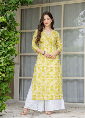BHATRAS Women Printed, Floral Print, Embellished, Embroidered Straight Kurta(Yellow)