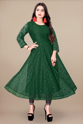 URUFASHIONMART Women Self Design A-line Kurta(Green)
