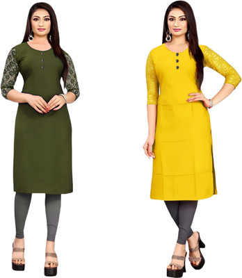 HOFC Women Solid Straight Kurta(Green, Yellow)