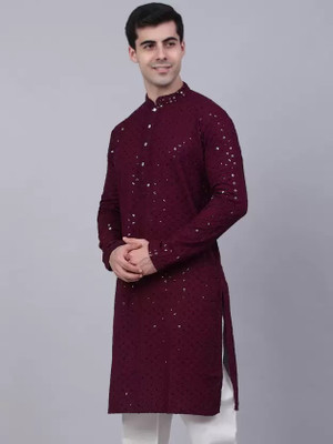 Sai Creation Men Chikan Embroidery Straight Kurta(Maroon)