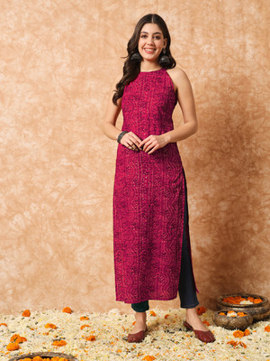 HouseOfCommon Women Bandhani Straight Kurta(Pink)