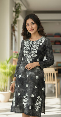 Chikankari Women Embroidered, Dyed/Ombre Straight Kurta(Brown)