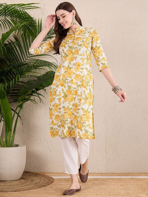 ANOUK Women Floral Print Straight Kurta(Yellow)