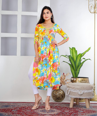 Laxmi Fab Tex Women Embroidered A-line Kurta(Yellow)