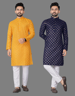 DHASU TRENDZ Men Printed Straight Kurta(Yellow, Dark Blue)