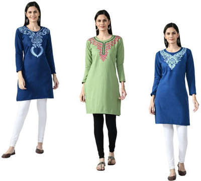 Indeweaves Women Self Design Straight Kurta(Light Blue, Green, Blue)