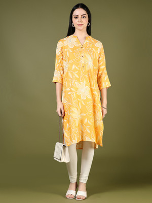 V-MART Women Printed A-line Kurta(Yellow)