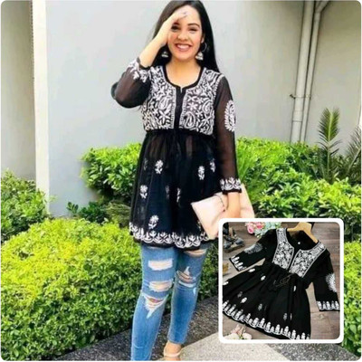 ATOZENTERPRISE Women Embroidered Anarkali Kurta(Black)