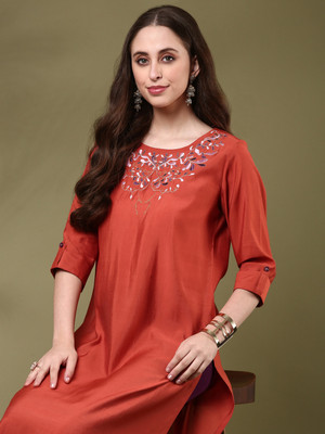 ANOUK Women Embroidered Straight Kurta(Orange)