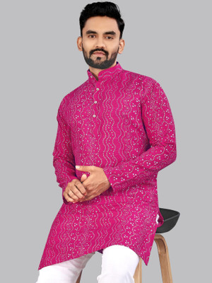 Svatantra Men Printed Straight Kurta(Pink)