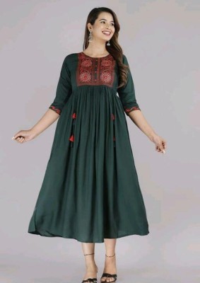 Satvik fashion Women Embroidered Flared Kurta(Dark Green)