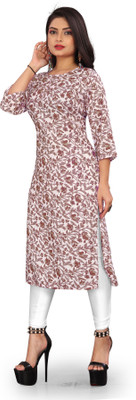 zindora Women Floral Print Straight Kurta(Beige, Brown)