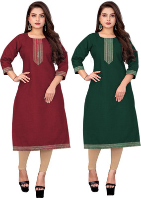 AAI MOGAL Women Solid Straight Kurta(Maroon, Green)