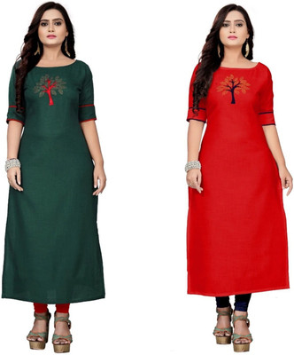 mahi creation Women Patchwork Straight Kurta(Green, Red)