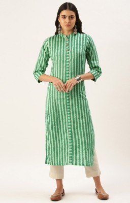 Saanjh Women Printed Flared Kurta(Green, White)