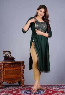 Clothonus Women Embroidered A-line Kurta(Green)