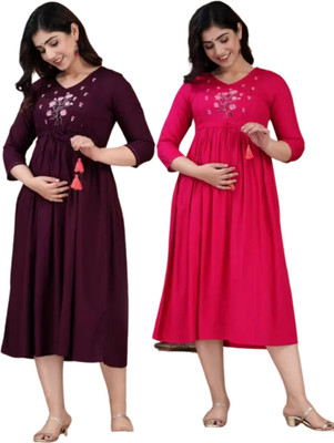 Priyas Creation Women Printed Flared Kurta(Purple, Pink)