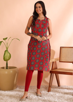 AKIKO Women Geometric Print Straight Kurta(Red)
