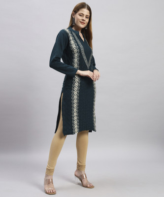 WILLEY Women Self Design Straight Kurta(Blue)