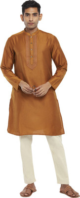 Indus Route by Pantaloons Men Embroidered Straight Kurta(Orange)