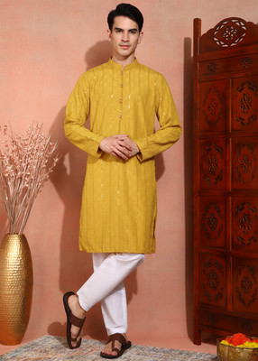 SWAGG INDIA Men Chikan Embroidery A-line Kurta(Yellow)