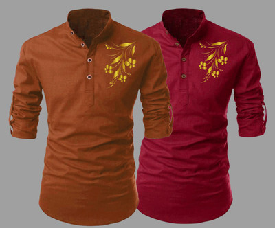 DEEMOON Men Self Design Straight Kurta(Orange, Red)