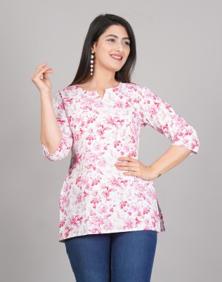 MF ERA Women Printed Straight Kurta(White, Pink)