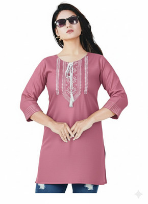 HESTREE Women Embroidered A-line Kurta(Pink)