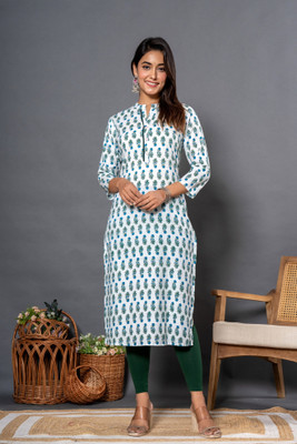 ORAANA Women Floral Print Straight Kurta(White)