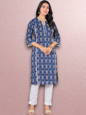 Jaipuur Trend Women Printed Straight Kurta(Dark Blue)