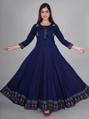 TRADERSRISHIKA Women Printed Flared Kurta(Blue)