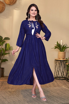 Teegital Women Embroidered A-line Kurta(Dark Blue)