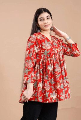 NatureTextile Women Floral Print, Printed Flared Kurta(Orange)