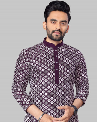 FOXDX Men Embroidered A-line Kurta(Purple)