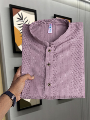 vastraveda Men Chikan Embroidery, Woven Design, Geometric Print Straight Kurta(Pink)