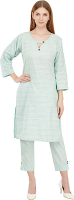 Velvet fashion Women Striped Straight Kurta(Light Blue)
