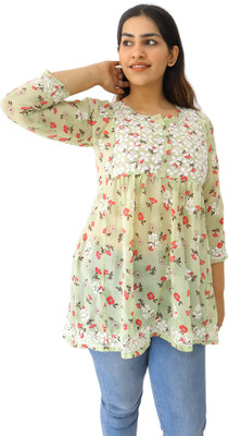Hauetmoda Women Floral Print Flared Kurta(Green)