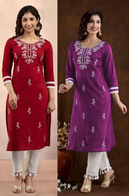 vikshi Women Chikan Embroidery Straight Kurta(Purple, Red)