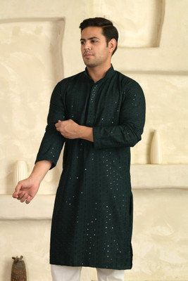 BEXARIO Men Embroidered Straight Kurta(Dark Green)