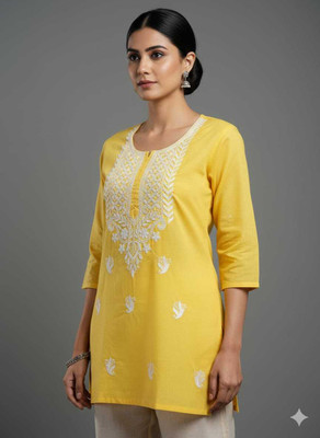 burakh Women Chikan Embroidery Straight Kurta(Yellow)