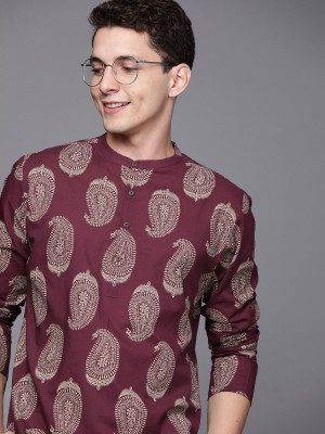 DIMMY Men Printed A-line Kurta(Maroon)