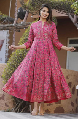 fastal look Women Printed Anarkali Kurta(Green)