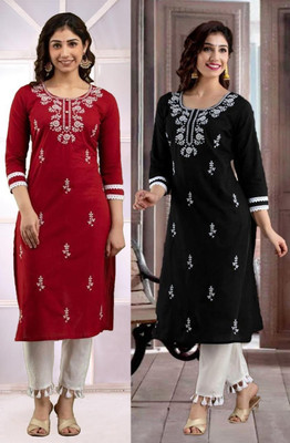 SISTO Women Chikan Embroidery Straight Kurta(Red, Green)